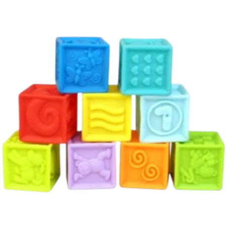 Jucarii senzoriale - dentitie, zornaitoare, de patut si carucior - Set 9 Cuburi senzoriale Moi, pentru dentitie sau baita