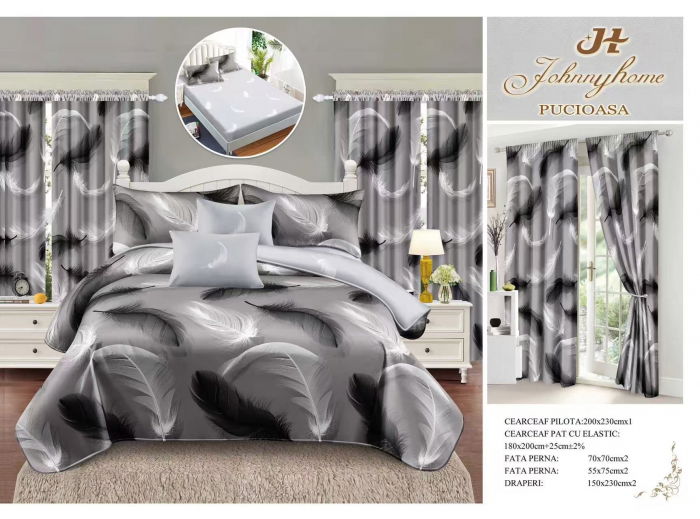 Set Lenjerie pat dublu cu Elastic + 2 draperii, finet, 8 piese - Pene Gri [1]