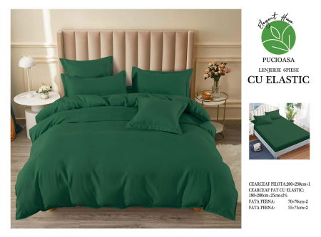 OFERTA DUO: 2 Lenjerii cu elastic bumbac Finet  1+1: la 209 lei - Lenjerie pat dublu, cu elastic, 6 piese - Uni Verde Inchis