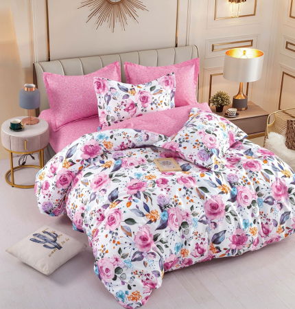 OFERTE SPECIALE - Lenjerie Pat Dublu din Bumbac Tip Finet, cu Elastic, 6 Piese - Roz Cu Flori