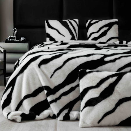 Paturi Cocolino Cu Blanita - Set de Lux Din Blana Artificiala de Nurca, Cu Fermoar, Hipoalergenic, Patura + 2 Fete de Perna - Alb / Negru