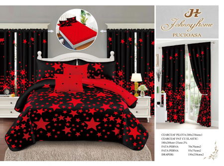 Bumbac Tip Finet Cu Elastic - Set Lenjerie pat dublu cu Elastic + 2 draperii, finet, 8 piese - Stelute Rosii
