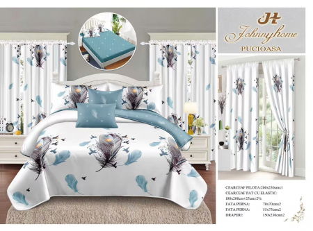 Bumbac Tip Finet Cu Elastic - Set Lenjerie pat dublu cu Elastic + 2 draperii, finet, 8 piese - Fluturi & Pene