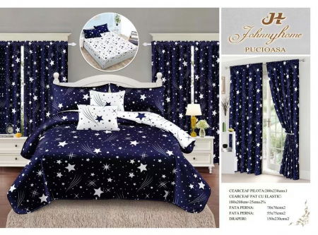 Bumbac Tip Finet Cu Elastic - Set Lenjerie pat dublu cu Elastic + 2 draperii, finet, 8 piese - Stelute