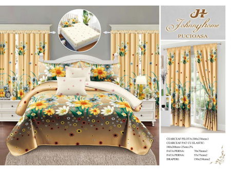 Bumbac Tip Finet Cu Elastic - Set Lenjerie pat dublu cu Elastic + 2 draperii, finet, 8 piese - Camp de flori