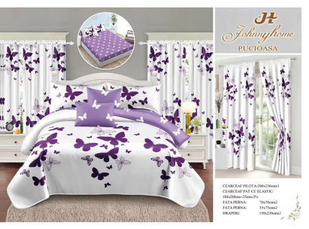 Bumbac Tip Finet Cu Elastic - Set Lenjerie pat dublu cu Elastic + 2 draperii, finet, 8 piese - Fluturi Mov