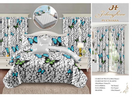 Bumbac Tip Finet Cu Elastic - Set Lenjerie pat dublu cu Elastic + 2 draperii, finet, 8 piese - Fluturi & Pietre