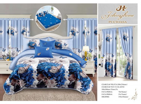 Bumbac Tip Finet Cu Elastic - Set Lenjerie pat dublu cu Elastic + 2 draperii, finet, 8 piese - Fluturi & Zambile