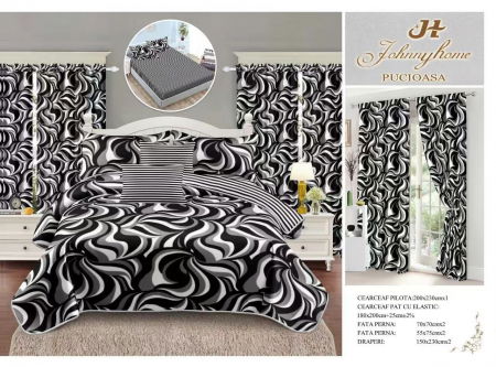 Bumbac Tip Finet Cu Elastic - Set Lenjerie pat dublu cu Elastic + 2 draperii, finet, 8 piese - Black & White