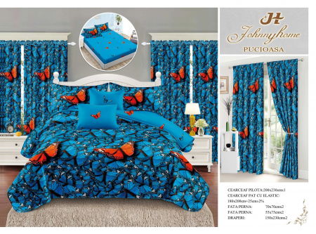 Bumbac Tip Finet Cu Elastic - Set Lenjerie pat dublu cu Elastic + 2 draperii, finet, 8 piese - Fluturi Rosii & Turcoaz