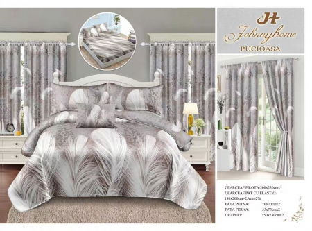 Bumbac Tip Finet Cu Elastic - Set Lenjerie pat dublu cu Elastic + 2 draperii, finet, 8 piese - Pene Gri