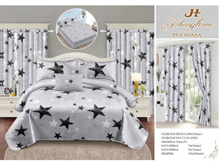 Bumbac Tip Finet Cu Elastic - Set Lenjerie pat dublu cu Elastic + 2 draperii, finet, 8 piese - Stelute Gri