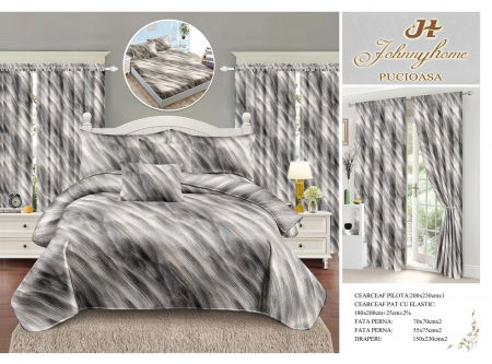 Bumbac Tip Finet Cu Elastic - Set Lenjerie pat dublu cu Elastic + 2 draperii, finet, 8 piese - Modern