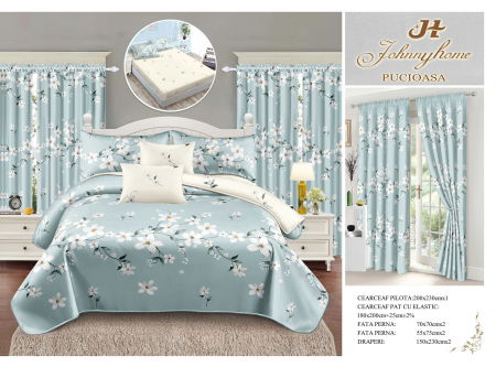 Bumbac Tip Finet Cu Elastic - Set Lenjerie pat dublu cu Elastic + 2 draperii, finet, 8 piese - Verde menta