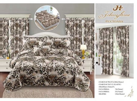 Bumbac Tip Finet Cu Elastic - Set Lenjerie pat dublu cu Elastic + 2 draperii, finet, 8 piese - Leopard