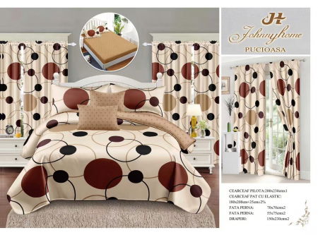 Bumbac Tip Finet Cu Elastic - Set Lenjerie pat dublu cu Elastic + 2 draperii, finet, 8 piese - Buline