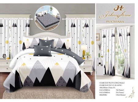 Bumbac Tip Finet Cu Elastic - Set Lenjerie pat dublu cu Elastic + 2 draperii, finet, 8 piese - Mountains