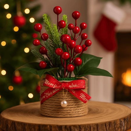 Brazi si Ornamente de Craciun - Aranjament de Crăciun cu Biluțe Roșii, Frunze Verzi și Ghiveci Decorat cu Fundiță