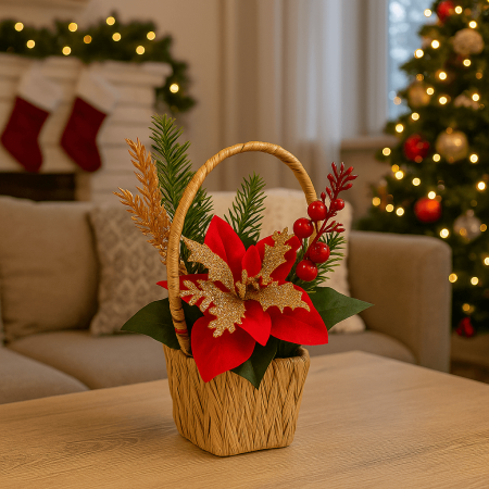 Brazi si Ornamente de Craciun - Aranjament Artificial de Crăciun cu Poinsettia, Spice Aurii și Coș cu Mâner