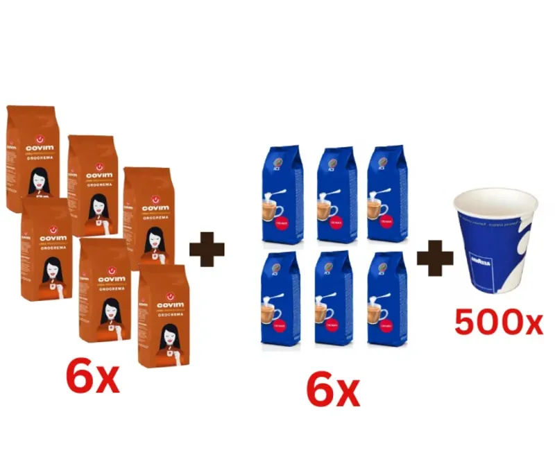 Cafea boabe Covim - Pachet Promo 6x Covim Orocrema + 6x ICS Creamer + 500 pahare