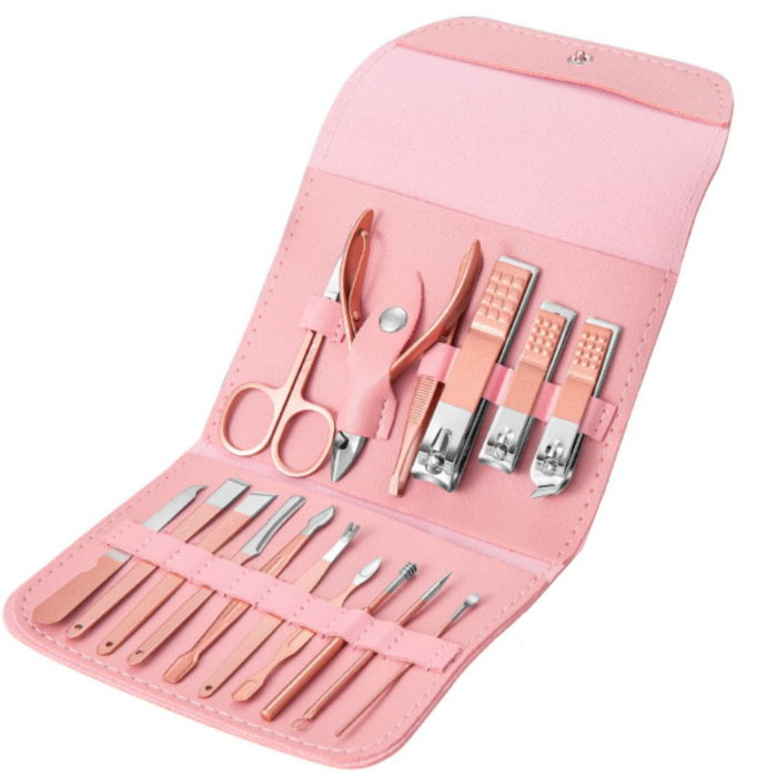 Set cu 16 accesorii pentru Manichiura, Pedichiura si Fata, Geanta Organizatoare, Roz [5]