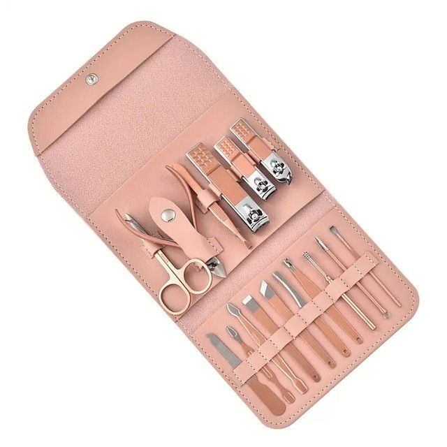 Set cu 16 accesorii pentru Manichiura, Pedichiura si Fata, Geanta Organizatoare, Roz [6]