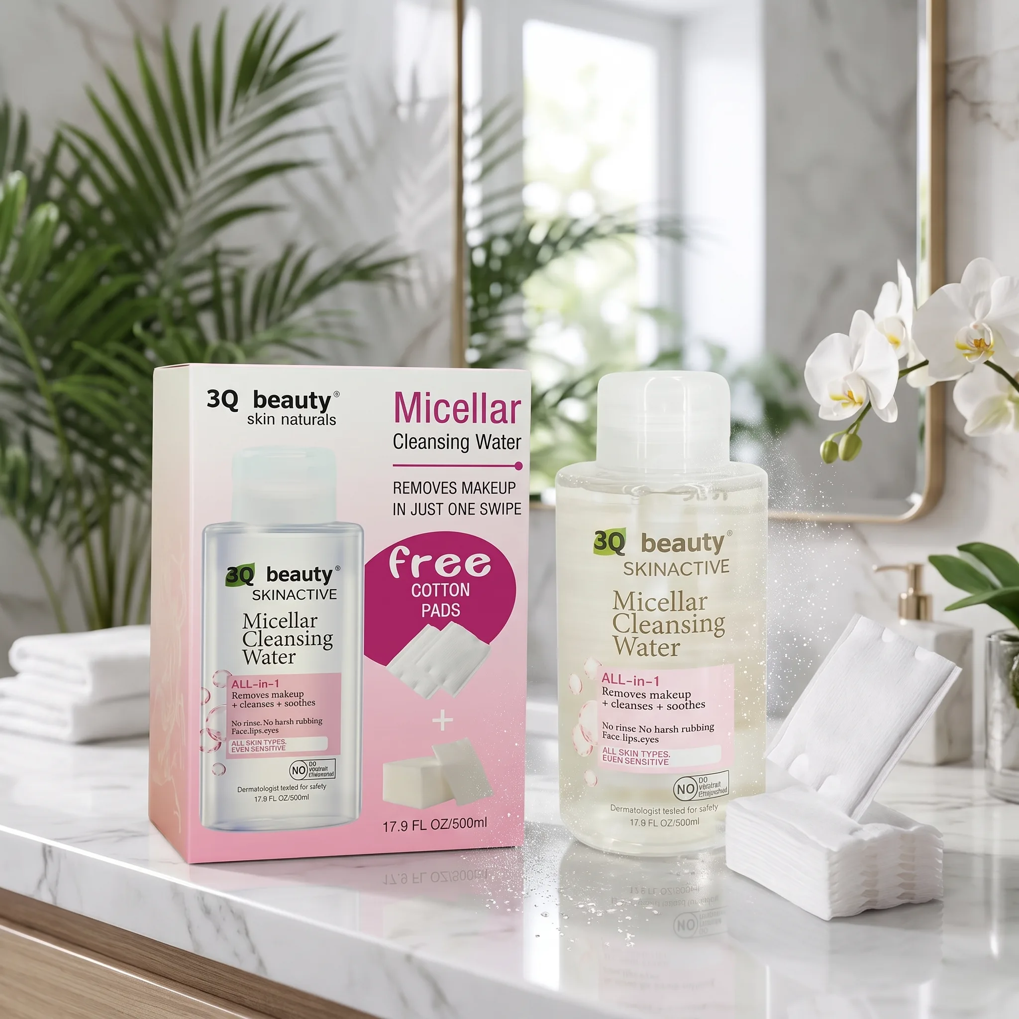 Apă micelară All-in-1 pentru toate tipurile de ten, 3Q Beauty, 508 ml cu dischete demachiante incluse [4]