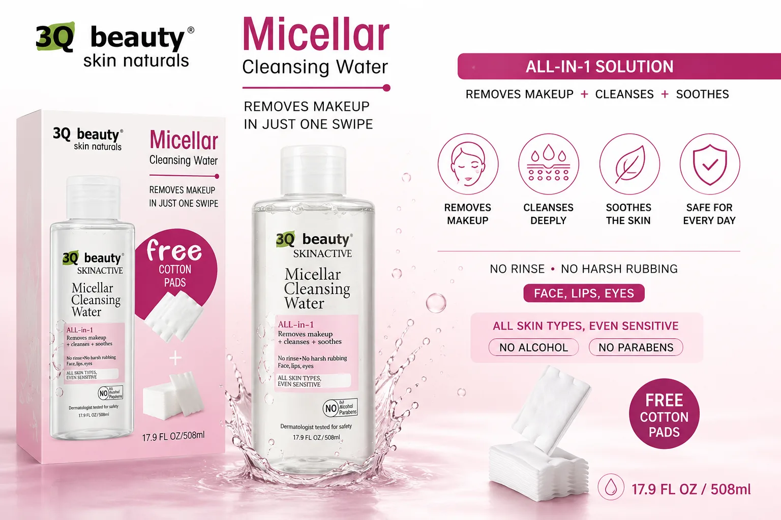 Apă micelară All-in-1 pentru toate tipurile de ten, 3Q Beauty, 508 ml cu dischete demachiante incluse [5]