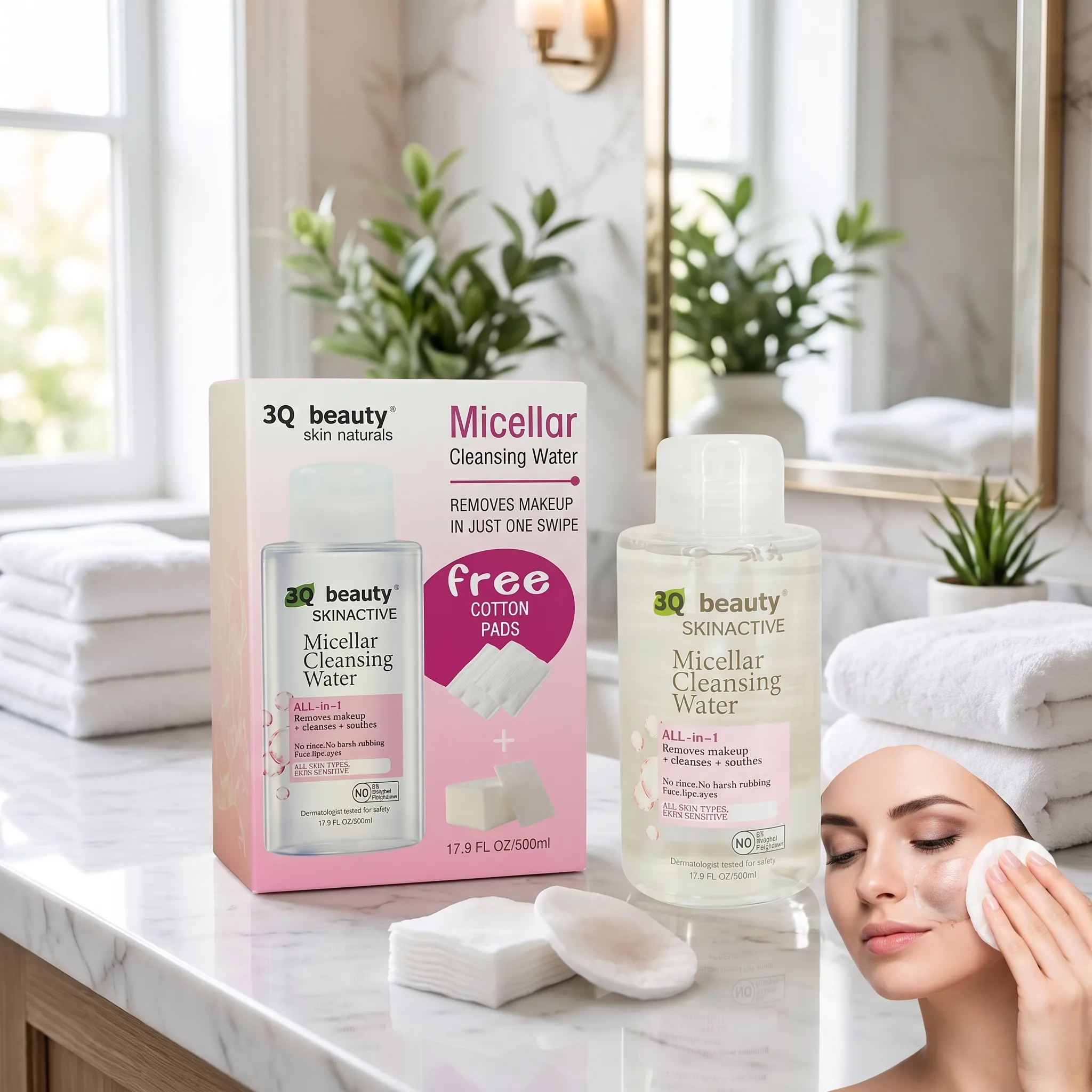Apă micelară All-in-1 pentru toate tipurile de ten, 3Q Beauty, 508 ml cu dischete demachiante incluse [2]