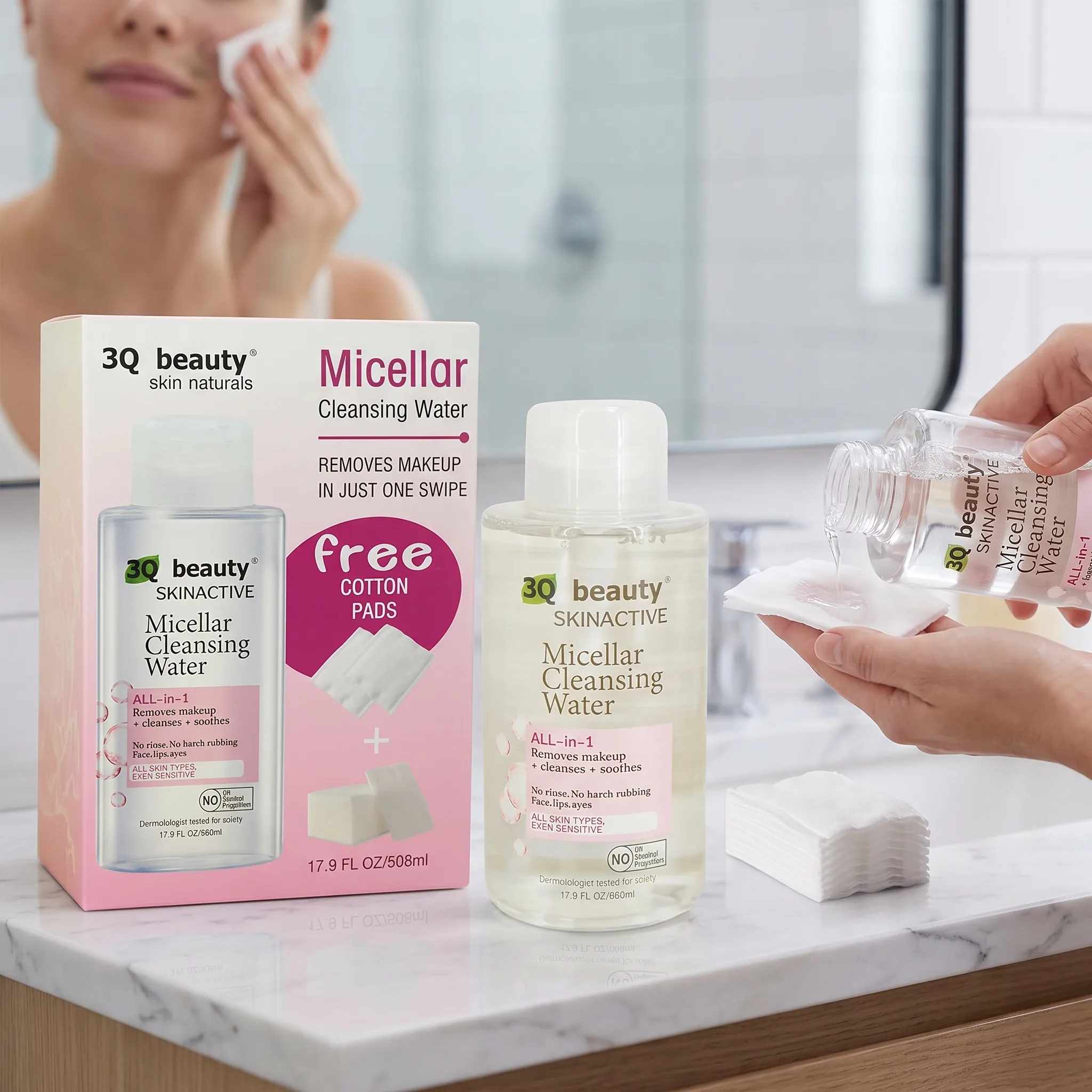 Apă micelară All-in-1 pentru toate tipurile de ten, 3Q Beauty, 508 ml cu dischete demachiante incluse [3]