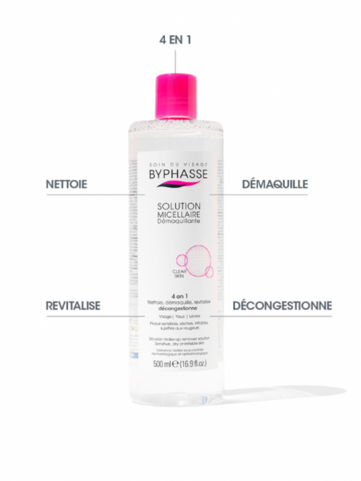 Apa Micelara Clear Skin 4 in 1, pentru Piele Uscata si Sensibila, Byphasse, 500ml [2]