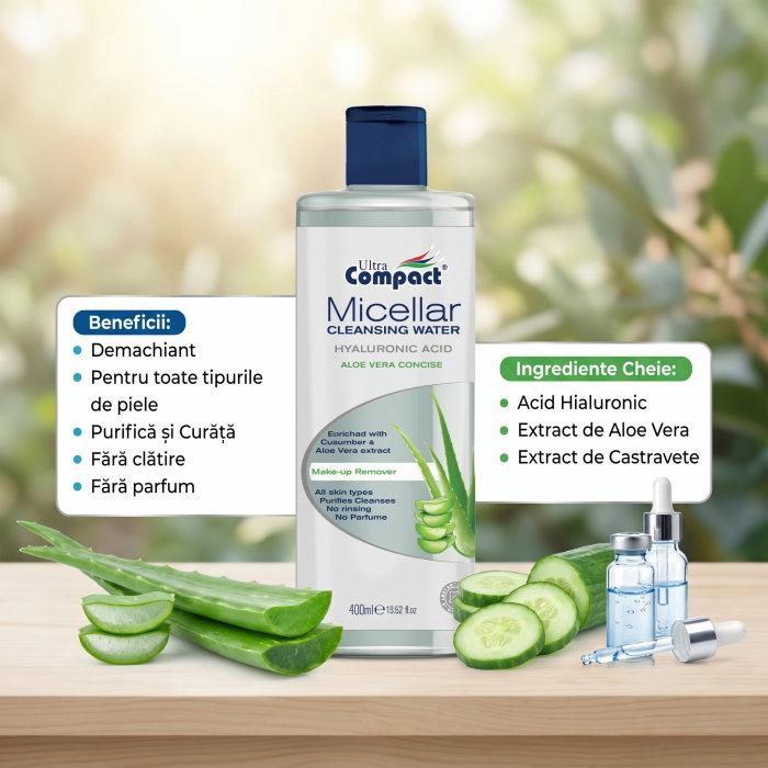 Apa Micelara cu Aloe Vera si Acid Hialuronic, Vegan, Ultra Compact, 400ml [2]