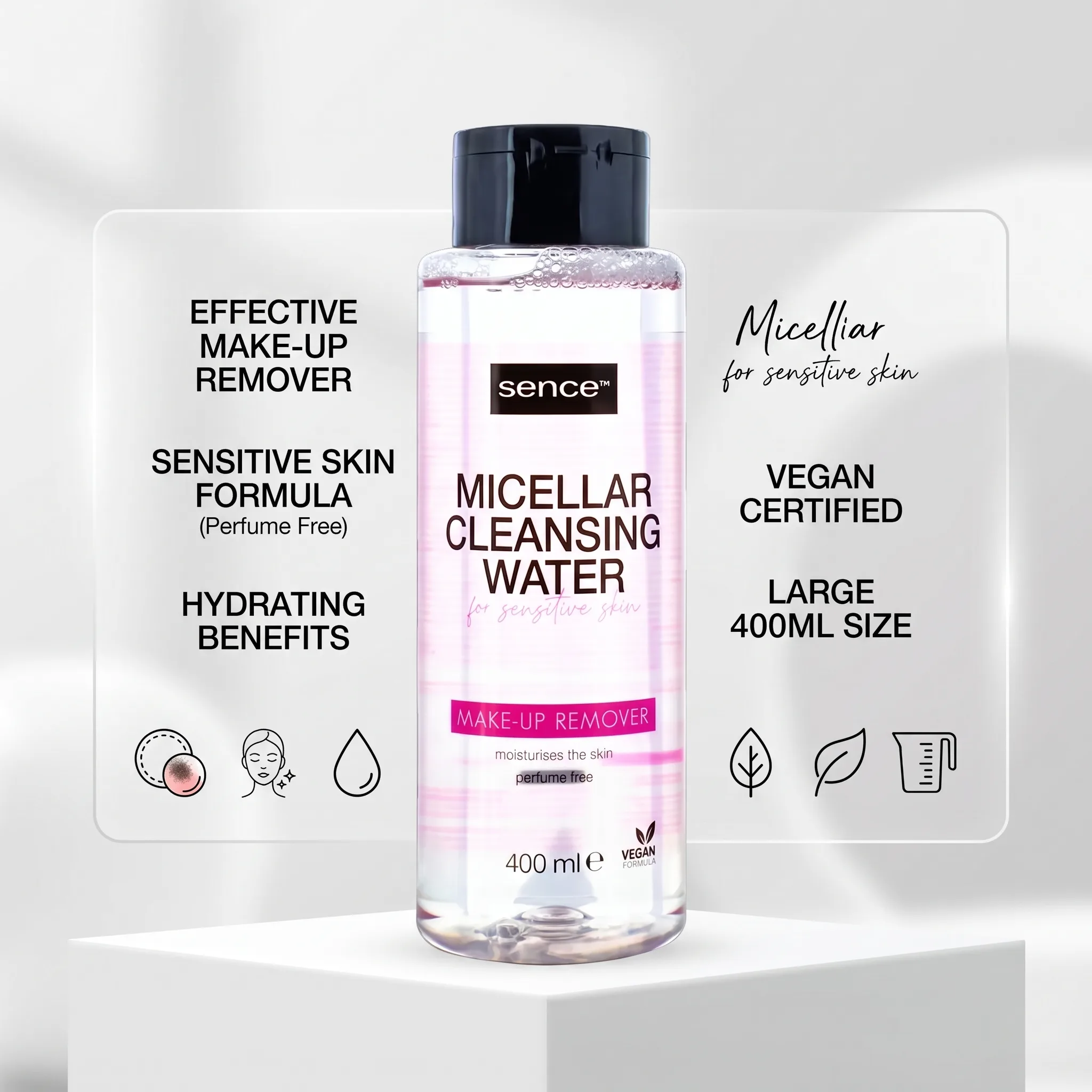 Apă micelară pentru ten sensibil, fără parfum, cu Glicerină și Panthenol, Sence, 400 ml — curățare blândă și hidratare [3]