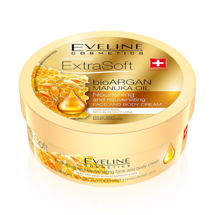 Crema hidratantă Eveline Extra Soft cu ulei bio de argan și miere Manuka pentru față și corp, regenerare intensă și hidratare 24h [2]