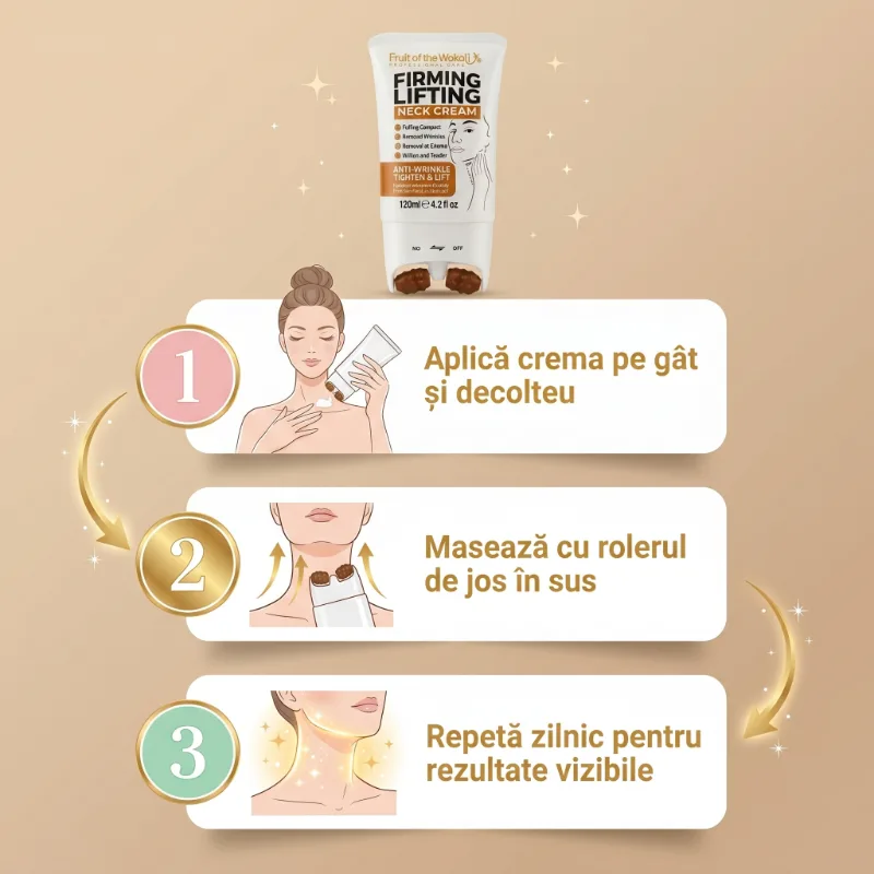 Cremă lifting pentru zona gâtului cu colagen și roller masaj integrat Fruit of the Wokali 120ml – reduce ridurile și tonifiază pielea [10]