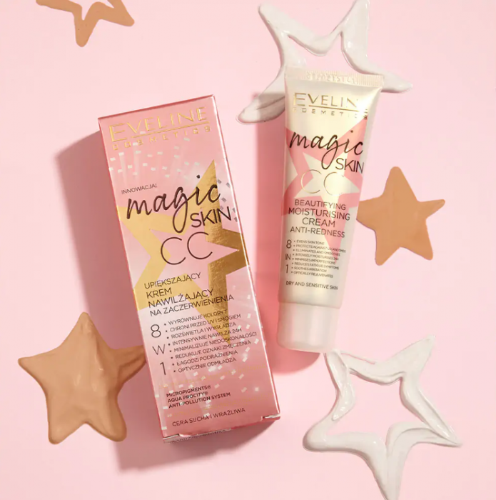 Crema CC Eveline Magic Skin 8in1 Beautifying Moisturising Cream Anti-Redness 50ml – Micropigments, Aqua Procity, Anti-Pollution System, ten uscat si sensibil, tub roz-alb [2]