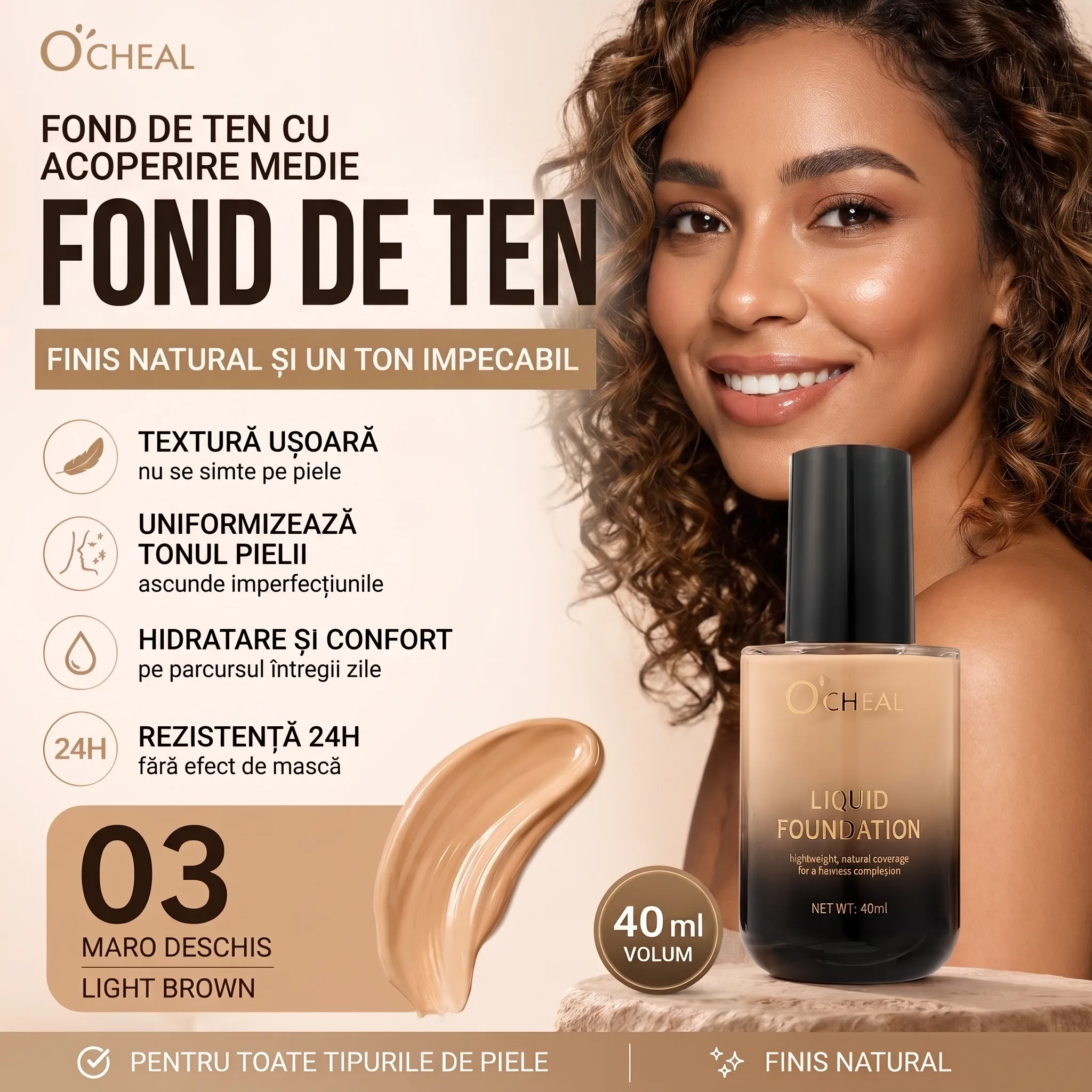 Fond de Ten O'Cheal, Liquid Foundation, Lightweight, 40 ml [2]