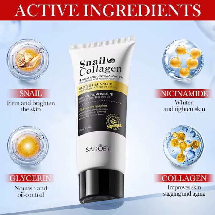 Gel pentru Curățarea Tenului cu Extract de Melc și Colagen, Sadoer, 100g [2]