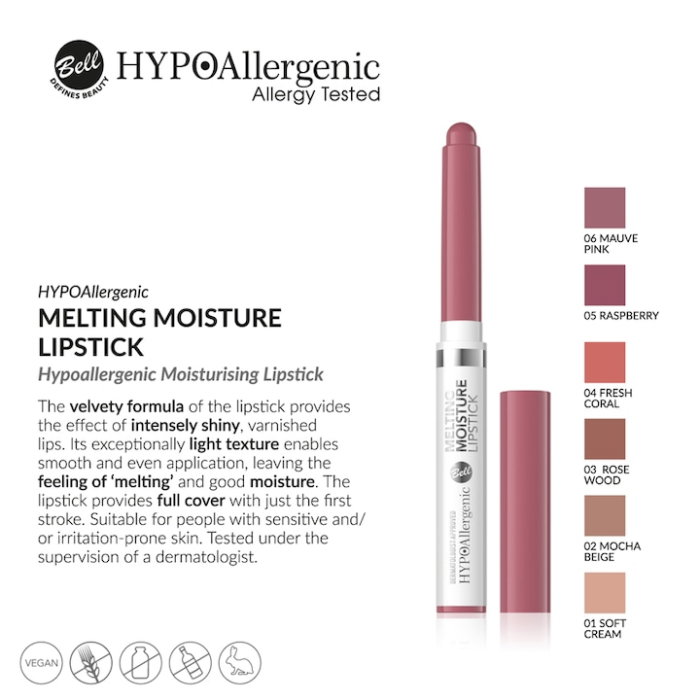Ruj creion retractabil Bell HYPOAllergenic Melting Moisture Lipstick nuanta 01 Soft Cream – Intense Shine, Ultra Moisturizing, Light Texture, Vegan, Dermatologist Approved [2]