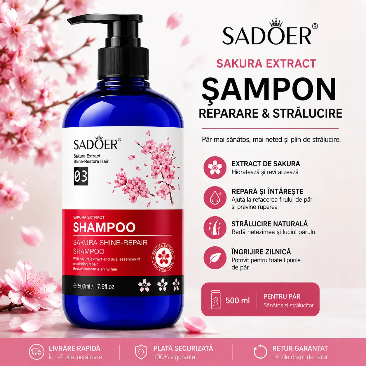 Șampon pentru Repararea și Strălucirea Părului, cu Extract de Cireșe Sakura, Sadoer, 500ml [2]