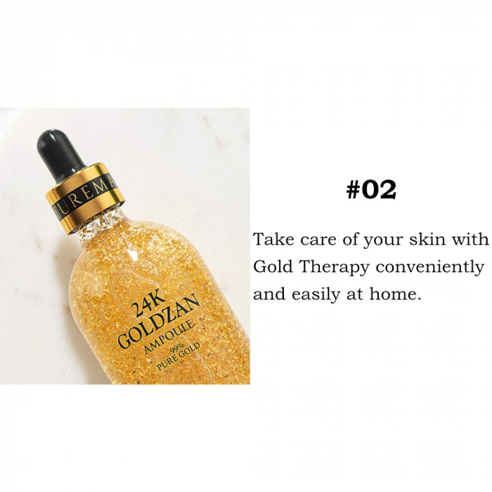 Ser de față Goldzan 24K cu foițe de aur pur 99.9%, acid hialuronic și peptide pentru hidratare intensă și regenerare. [10]