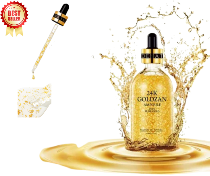 Ser de față Goldzan 24K cu foițe de aur pur 99.9%, acid hialuronic și peptide pentru hidratare intensă și regenerare. [2]