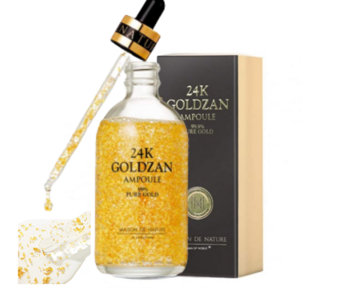 Ser de față Goldzan 24K cu foițe de aur pur 99.9%, acid hialuronic și peptide pentru hidratare intensă și regenerare. [12]