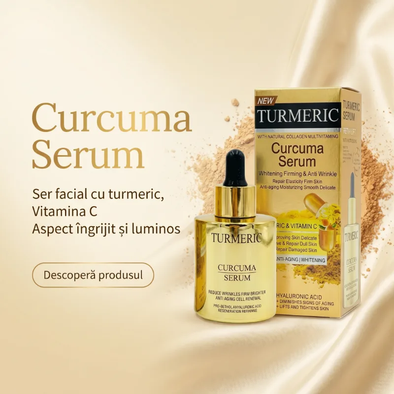 Ser Turmeric Curcuma Serum 60ml cu Vitamina C, Acid Hialuronic, Pro-Retinol si Colagen – Whitening, Antirid, Pete Pigmentare, flacon auriu cu pipeta [5]