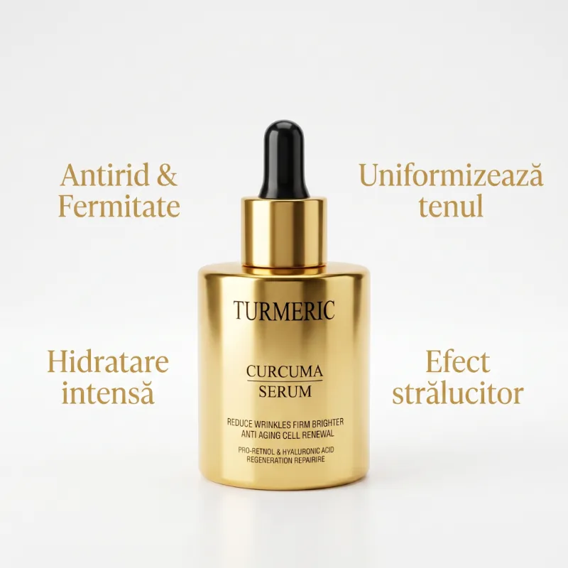 Ser Turmeric Curcuma Serum 60ml cu Vitamina C, Acid Hialuronic, Pro-Retinol si Colagen – Whitening, Antirid, Pete Pigmentare, flacon auriu cu pipeta [4]