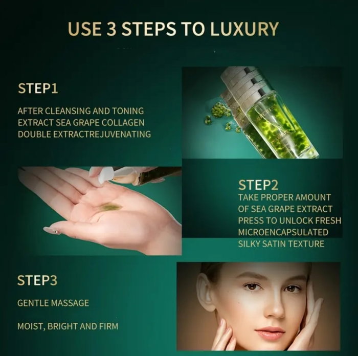 Ser Mercilen Sea Grape Collagen 45ml – Extract Dublu Struguri de Mare, Colagen Tip III, flacon sticla cu capsule verzi si capac auriu premium [4]