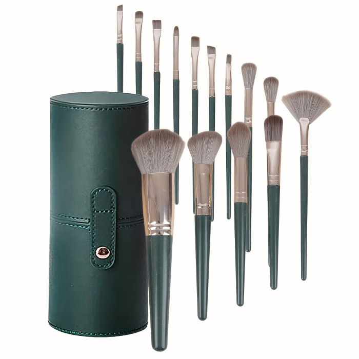 Set 14 pensule profesionale pentru machiaj, cu Suport pentru Depozitare, Verde [3]