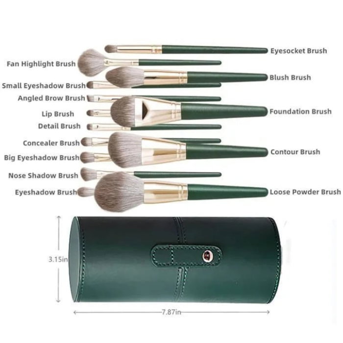 Set 14 pensule profesionale pentru machiaj, cu Suport pentru Depozitare, Verde [2]