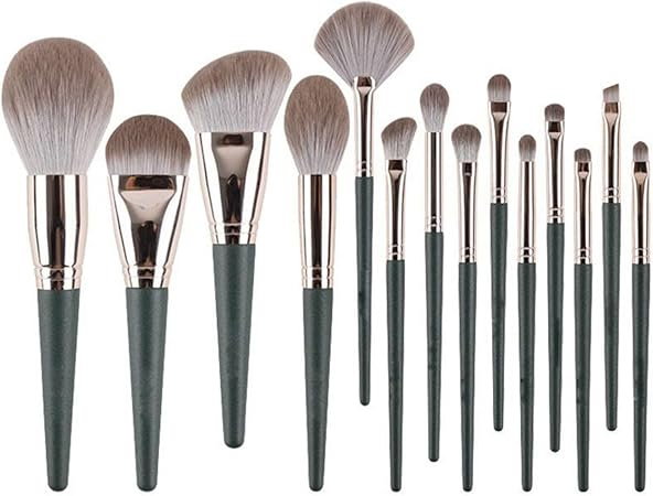 Set 14 pensule profesionale pentru machiaj, cu Suport pentru Depozitare, Verde [6]