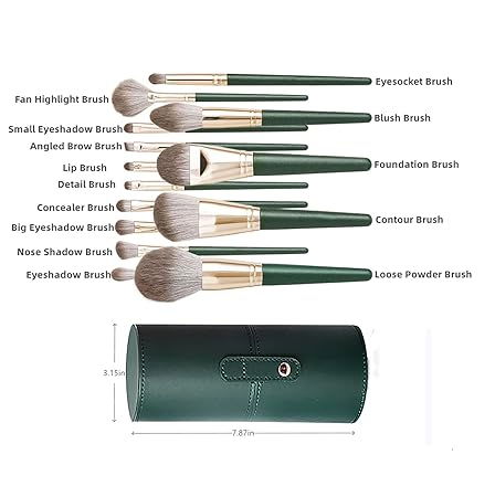 Set 14 pensule profesionale pentru machiaj, cu Suport pentru Depozitare, Verde [10]